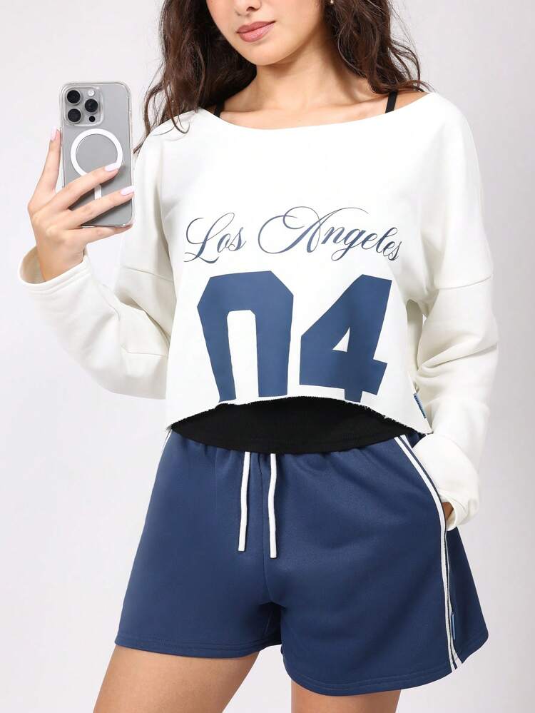 Off Shoulder Cropped Sweatshirt With Athletic Shorts