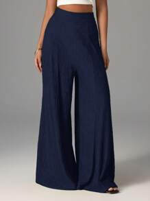 Firerie Women's Elegant Casual Textured High Waist Wide Leg Pants - Navy Blue - View 6