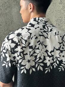 ESTAVOR 1 件男士休闲花卉印花短袖黑白梭织衬衫，适合夏季 - 彩色 - 查看 4