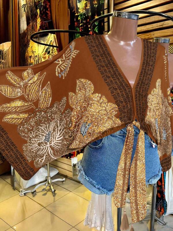 Ceyna Chemisier ample femme à col V imprimé floral nomade, blocs de couleurs, élégant, vintage, casual, avec nœud, printemps/été