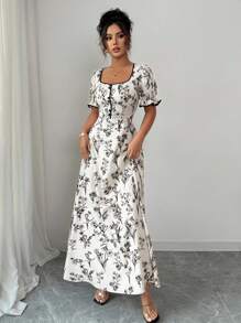 Elenzga 女士复古优雅花卉印花方领 A 字长裙，适合休闲、度假、日常聚会、春夏季 - 彩色 - 查看 4