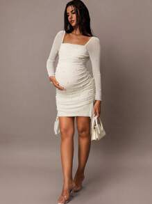 MaterniChic 优雅纯色珍珠装饰孕妇装 - 杏色 - 查看 5