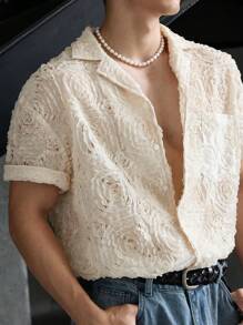 ESTAVOR Áo sơ mi nam tay ngắn dệt, phù hợp cho mùa hè, phong cách Emo - Màu be - Xem 4