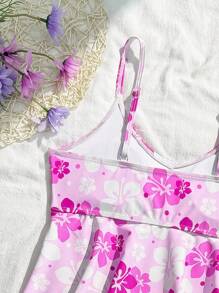 SHEIN Conjunto de camisola y tankini para adolescentes, con estampado floral y vegetal, atuendo casual para la playa, fiesta en la piscina, regalo de color dopamínico - Morado - Ver 5