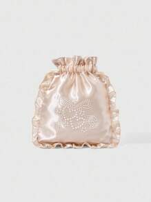 ROMWE Kawaii Embroidered Pearl, Heart & Bow Makeup Bag, Travel Underwear Storage Pouch With Drawstring - Pink - View 1