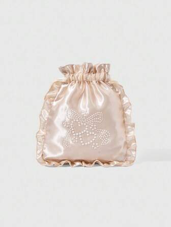 Kawaii Bolsa de maquillaje con bordado de perlas, corazón y lazo, bolsa de almacenamiento de ropa interior de viaje con cordón