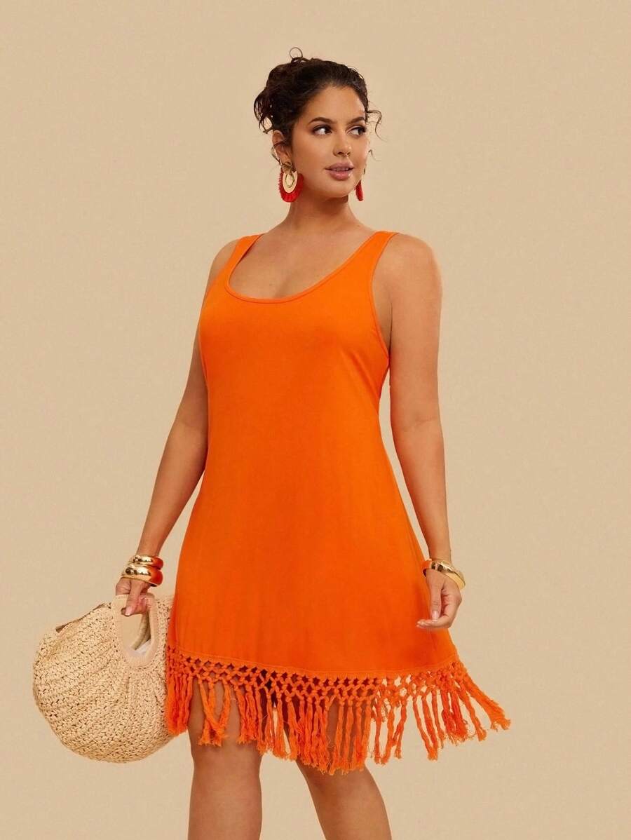 Travachic Plus Size Summer Beach Vacation Sleeveless Patchwork Tassel Knitted Fringe Dress - Orange - View 1