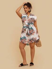 SHEIN VCAY 大码波西米亚风度假热带印花短袖连衣裙，适合夏季 - 彩色 - 查看 5