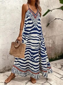 Breezaya Women Leopard Print Loose Maxi Slip Dress, Elegant Vacation Summer Wear - Multicolor - View 4