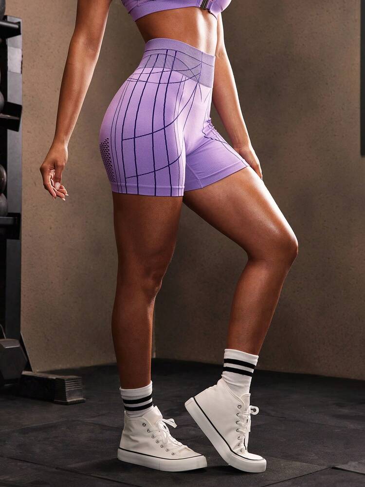 Powerista Pantalones cortos deportivos de talle alto con ribete en contraste para mujer - Morado - Añade 5