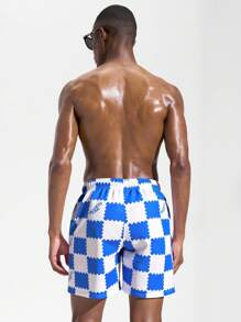 Surfspeed Men's Checkered Drawstring Waist Beach Shorts, Summer - Blue and White - View 2