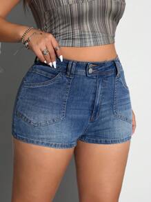 SHEIN Unity Shorts vaqueros de talla grande para mujer con cintura alta, bolsillos y abotonadura, versátiles y casuales - Azul - Ver 3