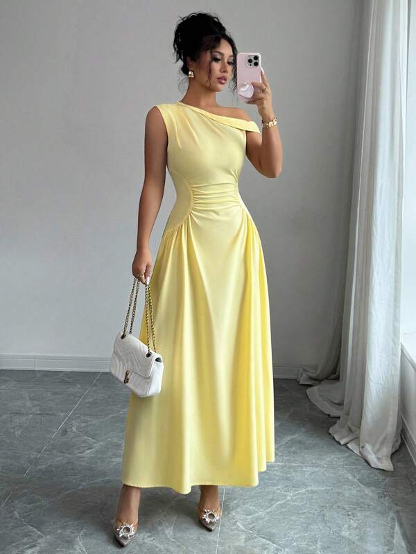 Elenzga Women Casual Solid Color Asymmetric Neck Waist Tie Long Dress Yellow Dress Elegant Yellow One Shoulder Dress Yellow Maxi Dress Yellow Bridesmaid Dress Yellow Wedding Guest Dress