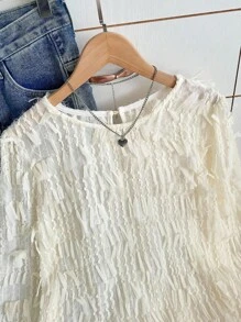 EMERY ROSE Women Loose Fit Solid Color Round Neck Fringe Long Sleeve Blouse Fall Cloth For Women - Apricot - View 6