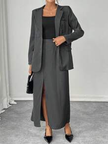 Chiquease Women's Business Style Solid Color Blazer Jacket & High Slit Skirt Suit Set, Suitable For Commute Fall Cloth For Women - Dark Grey - View 6