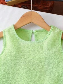 Elladie kids 女童纹理面料撞色下摆无袖上衣和休闲短裤T恤套装，幼儿女童两件套服装，女童绿色夏季套装 - 綠色 - 查看 8