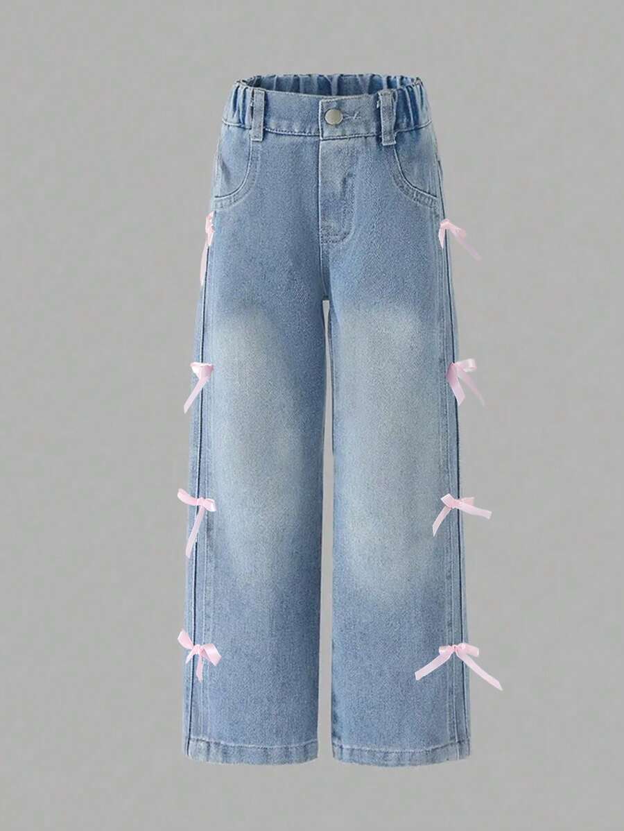 Young Girl' Casual Vacation Light Denim Jeans With Bow - Light Wash - View 1