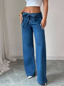 Selianne Women's Casual Loose Straight Leg Bowknot Waist Jeans, Versatile - Dark Wash - View 3
