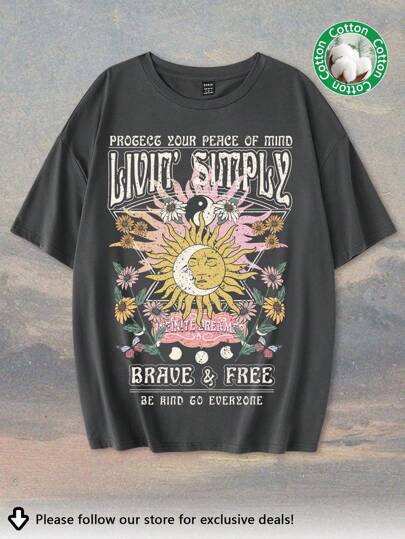 Tseoso 1 Pc Slogan Graphic Print Oversized Casual Round Neck Short Sleeve T-Shirt For Women, Suitable For Summer Astral Suitable For Going Out