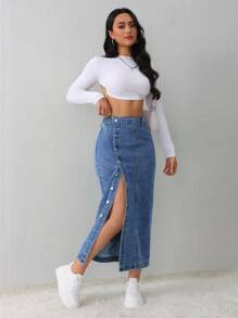 SHEIN PETITE 女士蓝色牛仔半身裙中长裙办公室装铅笔裙夏季开衩牛仔半身裙 - 淺色水洗藍 - 查看 5