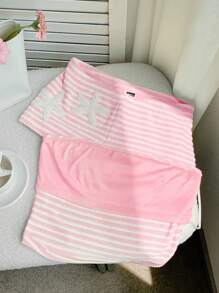SHEIN Comfortcana Áo len bandeau thêu họa tiết sao biển sọc hồng dành cho nữ và quần short cùng tông, phong cách nghỉ dưỡng bãi biển, bộ đồ mùa hè 2 món - Hồng - Xem 6