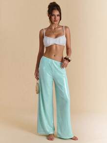 SHEIN BAE Spring & Summer Solid Mint Green Low Waist Beach Sequin Loose Pants, Long Length