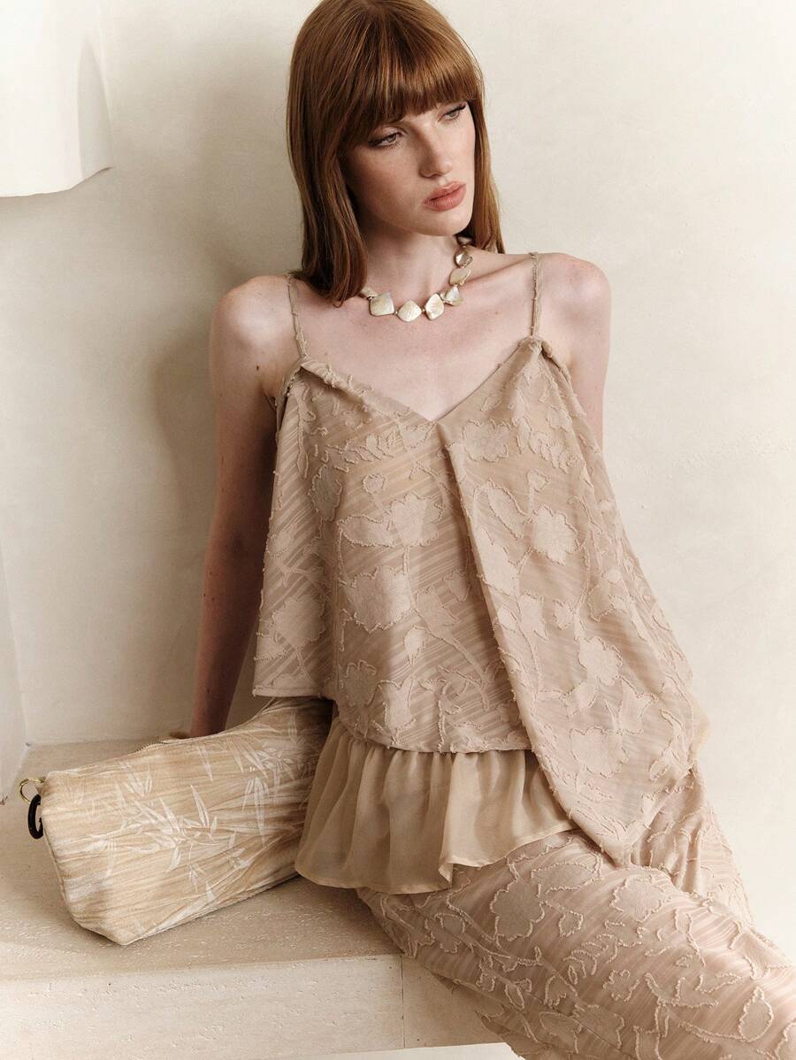 Aveloria 女士花卉提花设计不对称下摆吊带背心和阔腿裤休闲套装