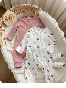 2pcs/Set Baby Girl Cute Knitted Pink Heart Pattern Long Sleeve Romper Set, Autumn/Winter