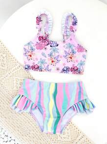 小女孩泳衣套装，荷叶边三角形下装，可爱兔子印花设计，可调节肩带，弹性面料，夏季