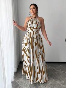 SHEIN SXY 大码女装春夏性感优雅通勤简约黑白条纹印花系带A字连衣裙，适合日常穿着、商务、简约、通勤、优雅、休闲、购物、街头风、外出等场合，易于搭配，显瘦，凸显身材，修饰身形，适合婚礼宾客穿着。 - 棕色 - 查看 7