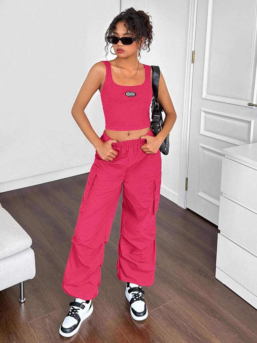 SHEIN Tween Girls Casual Street Fashion Solid Color Knit Tank Top With Drawstring Ankle Pants Set - Hot Pink - View 1