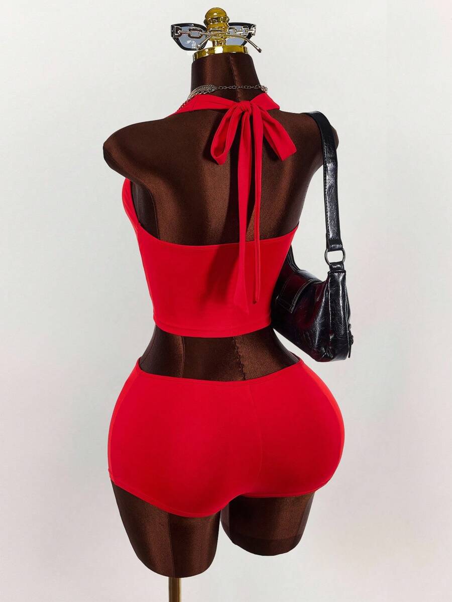 Amplova 2件套女士时尚性感校园女孩褶皱吊带背心和短裤夏季套装 - 紅色 - 查看 1