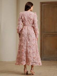 Anewsta Women's Elegant Round Neck 3D Floral Print Dress - Pink - View 2