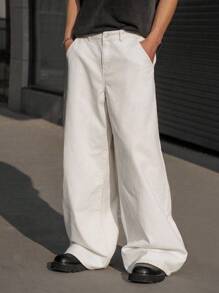 Manfinity Hypemode 大码男士休闲百搭纯色阔腿牛仔裤 - 杏色 - 查看 4