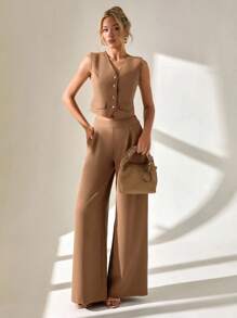 SHEIN Cottnline 女士背心和阔腿褶皱裤套装两件套 - 米色 - 查看 2