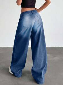 EURMUSE Low Waist Wash Detailed Wideleg Jean - Medium Wash - View 2