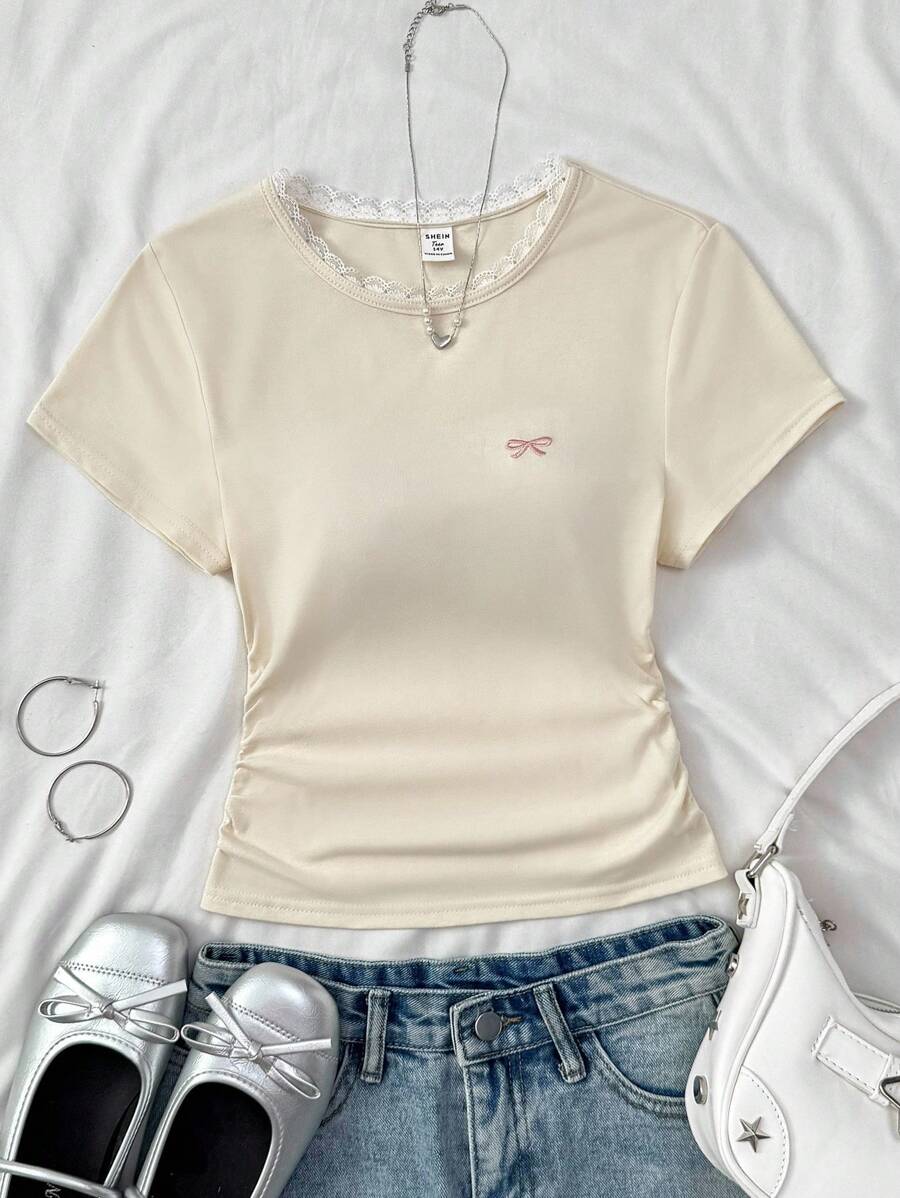 少女针织圆领蝴蝶结撞色刺绣侧腰褶皱设计短袖T恤，夏季