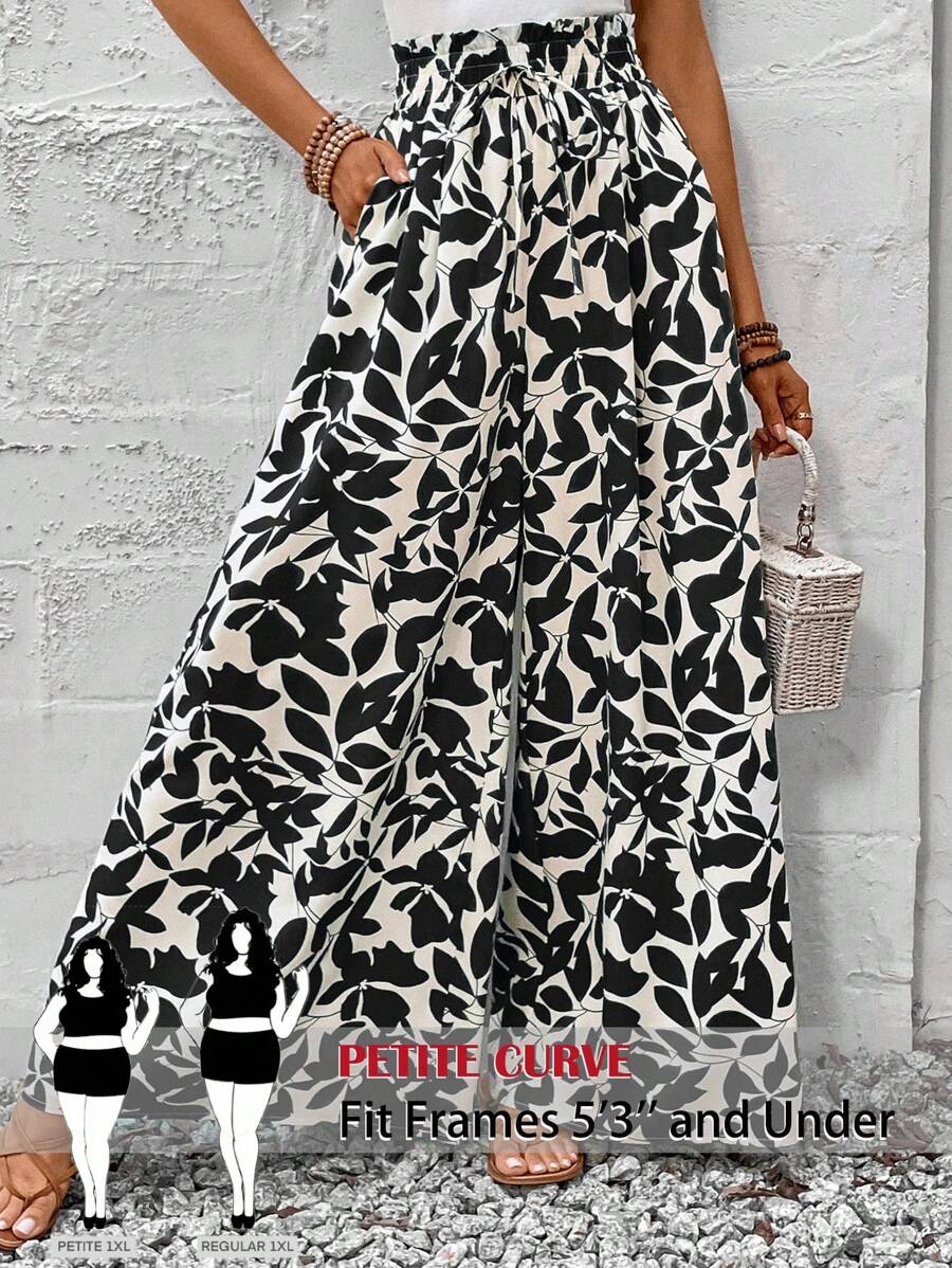 SHEIN PETITE CURVE 加大码高腰口袋宽松阔腿女式印花裤 - 黑色 - 查看 1
