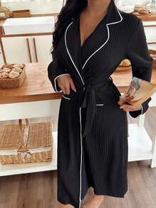 Women's Casual Color Block Trim Bathrobe, Fall, Cozy Outfits