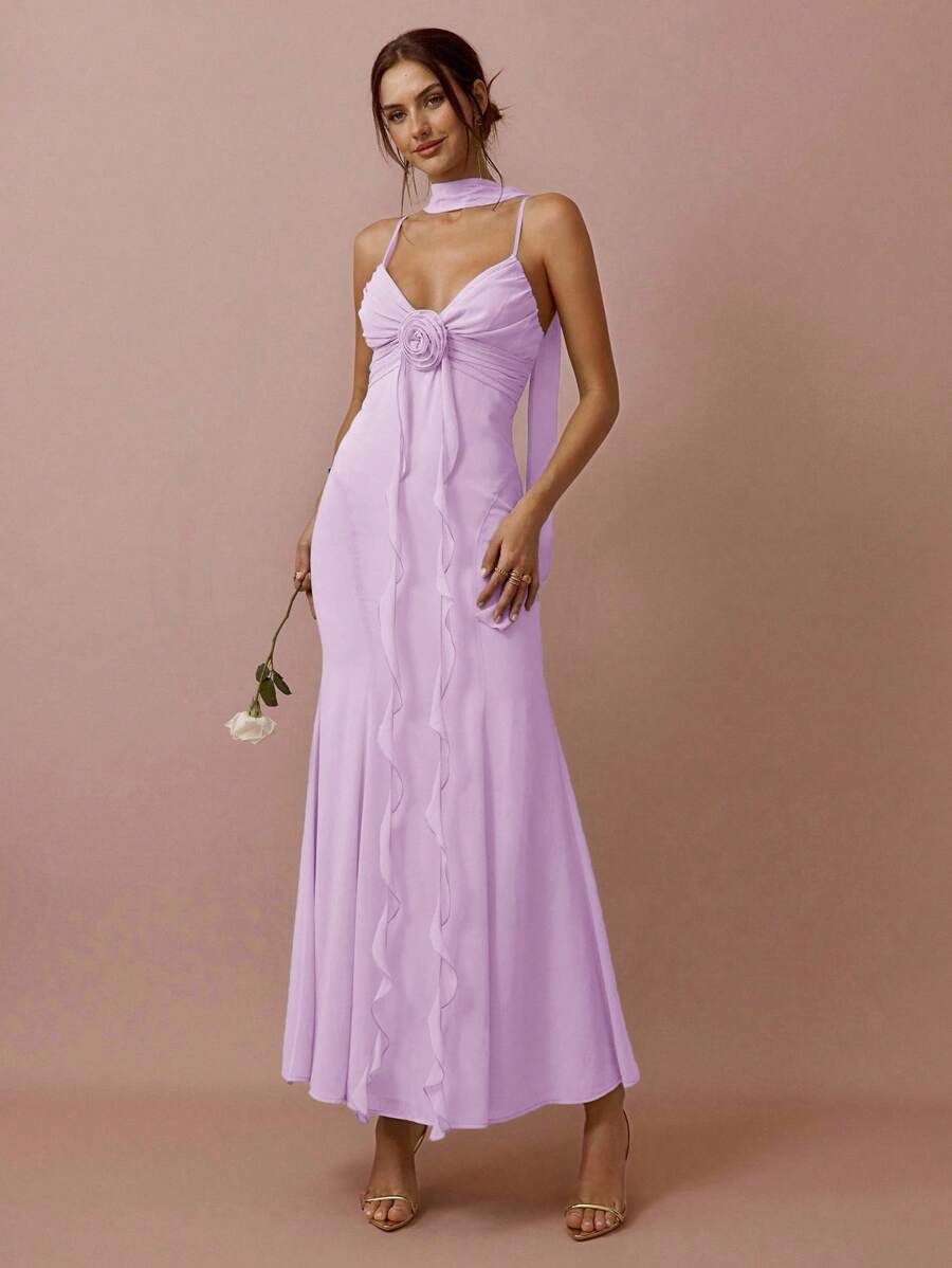 Enchnt Vestido elegante sin mangas de unicolor con decoración floral 3D y volantes en el bajo