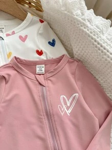 2pcs/Set Baby Girl Cute Knitted Pink Heart Pattern Long Sleeve Romper Set, Autumn/Winter