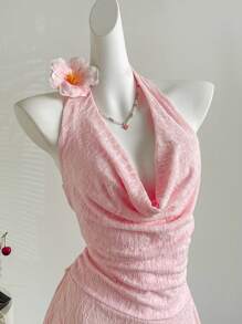Flirla Nuevo vestido mini de verano para mujeres de encaje transparente, dulce, para uso diario y vacaciones, con cuello halter y espalda descubierta - Rosa - Ver 3