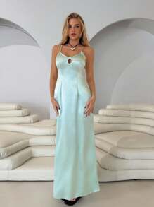 Roylia Damen elegantes, ausgestelltes rückenloses, figurbetontes Kleid mit Spaghettiträgern, geeignet für Sommertänze - Minzgrün - Übersicht 5