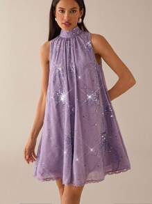 Lilora Elegantes und romantisches lila Chiffon-Pailletten-Minikleid ohne Ärmel, locker geschnitten, geeignet für Frühling/Sommer