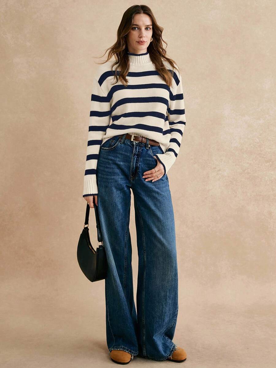 Poéselle Suéter casual de mujer con cuello alto, hombros caídos y mangas largas a rayas para otoño/invierno - Azul Marino - Ver 1