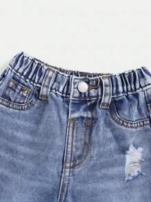 SHEIN Pantalones vaqueros suaves y ligeros para bebé niño de primavera/verano con efecto lavado y desgastado para mayor comodidad - Azul lavado medio - Ver 6