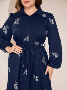 Graceveil Plus Size Embroidered Fabric Elegant Belted Long Sleeve Dress