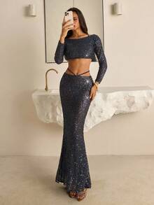 Vowa Sexy Sheer Long Sleeve Beaded Outfit, Suitable For Parties, Vacations, Music Festivals, Bridal Wear And Other Occasions For Ladies - Navy Blue - View 4