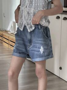 Tween Girls Casual Versatile Streetwear Distressed Designed Comfortable Washed Denim Shorts, Fashionable Item For Party, Campus In 2025