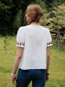 Florisole Women's Summer Wear Bohemian Holiday Style Floral Print Tie Front Bowknot Short Sleeve Blouse - White - View 2